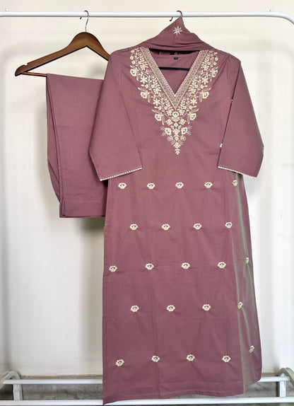 Mauve Pure Cotton Embroidered Suit Set