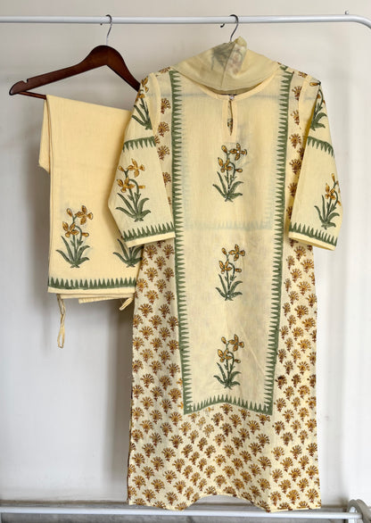 Lemon Yellow Block Printed Khadi Cotton Suit Set