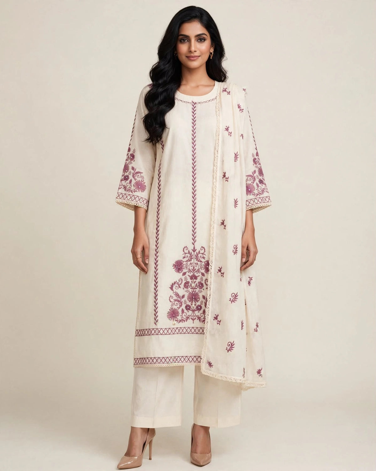 Off-White & Lavender Embroidered Pure Cotton Suit Set with Palazzo