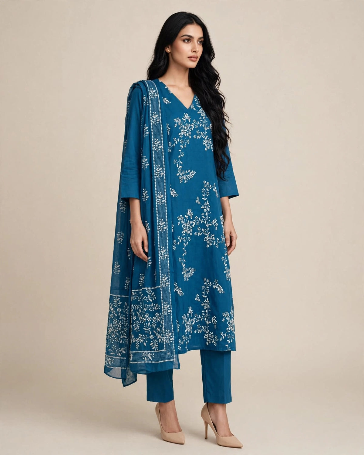 Dark Blue Mul Cotton Embroidered Suit Set