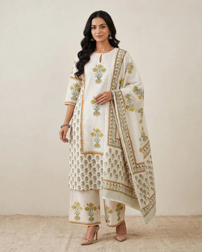 Off-White & Yellow Block Printed Khadi Cotton Suit Set