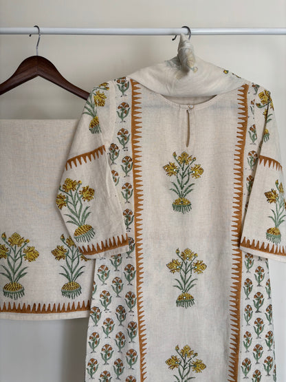 Off-White & Yellow Block Printed Khadi Cotton Suit Set