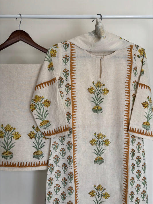 Off-White & Yellow Block Printed Khadi Cotton Suit Set
