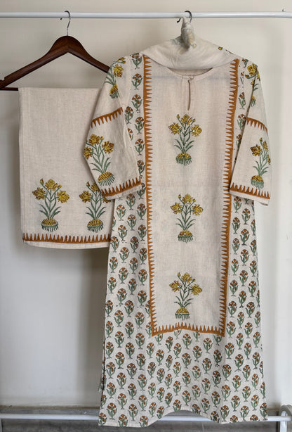 Off-White & Yellow Block Printed Khadi Cotton Suit Set