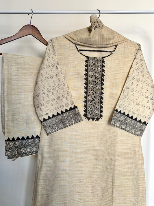 Beige Handloom Silk Printed Suit Set