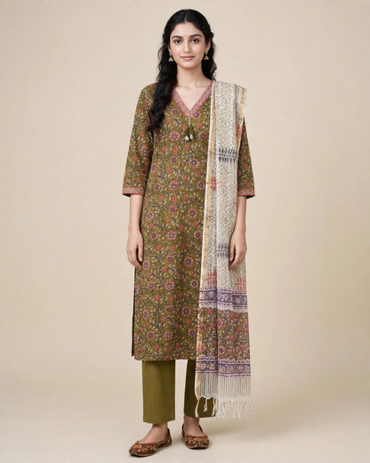 Olive Green Floral Kota Doriya Suit Set
