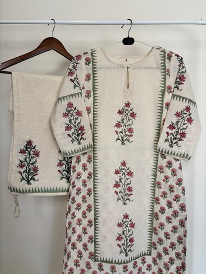 Cream Khadi Cotton Hand Block Printed 2pc Set