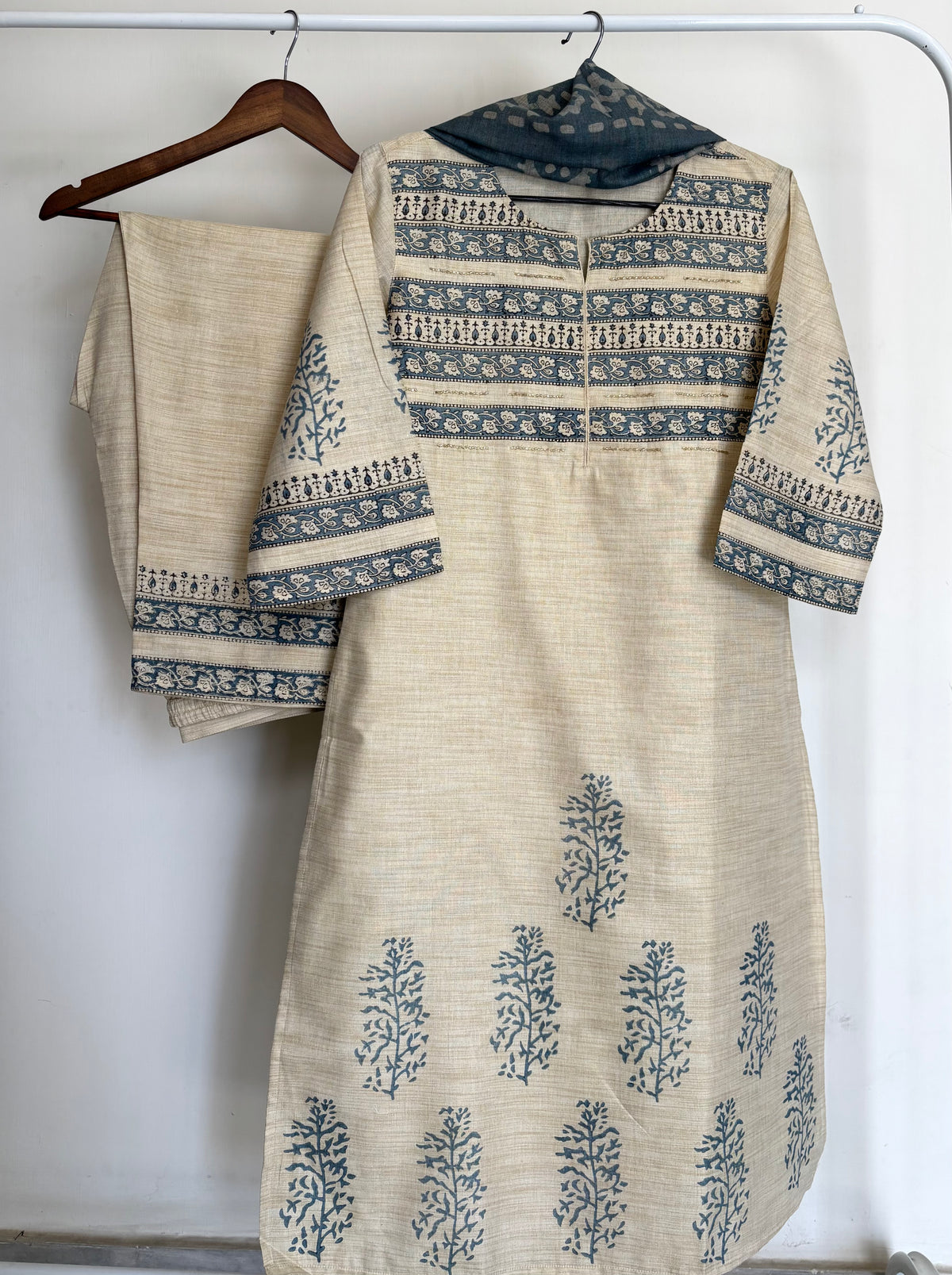 Beige & Teal Handloom Silk Batik Print Suit Set