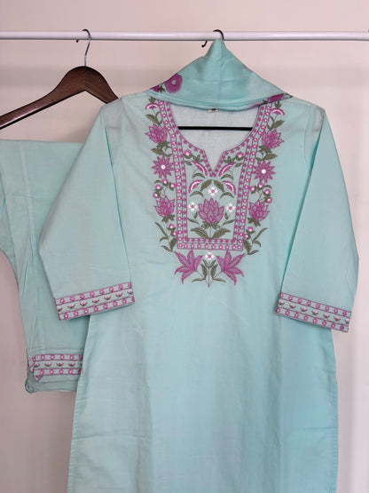 Aqua Blue Pure Cotton Embroidered Suit Set