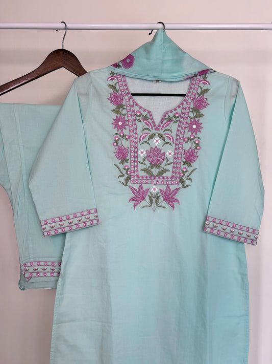 Aqua Blue Pure Cotton Embroidered Suit Set