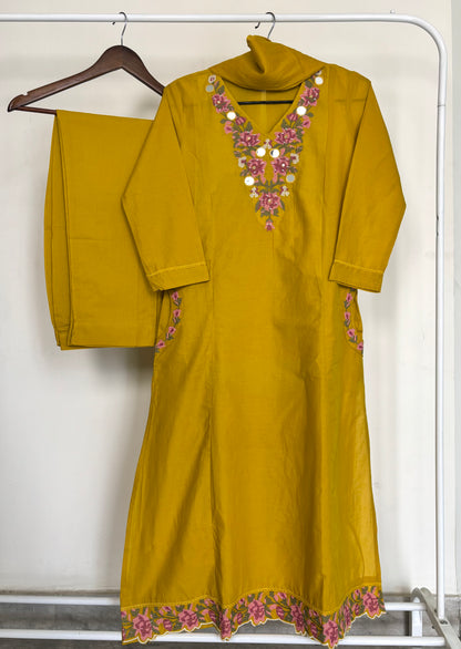 Mustard Yellow Pure Cotton Cross-Stitch Embroidered Suit Set