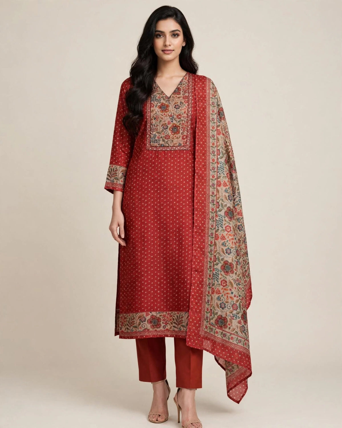 Deep Red Kota Doriya Printed Suit Set