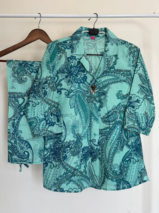 Aqua Blue Khadi Cotton Paisley Printed Co-ord Set