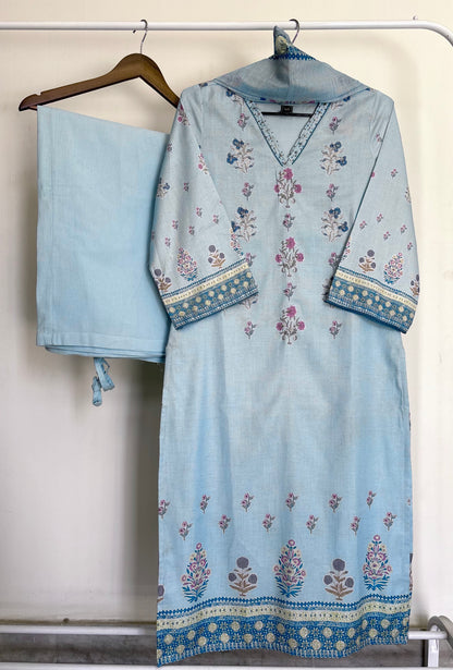 Sky Blue Floral Printed Linen Cotton Suit Set