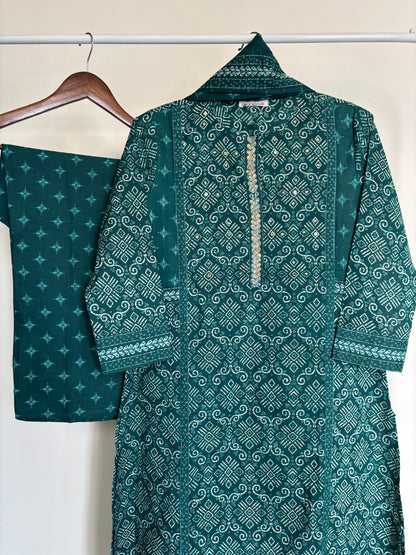 Rama Green Printed Pure Cotton A-Line Suit Set with Palazzo