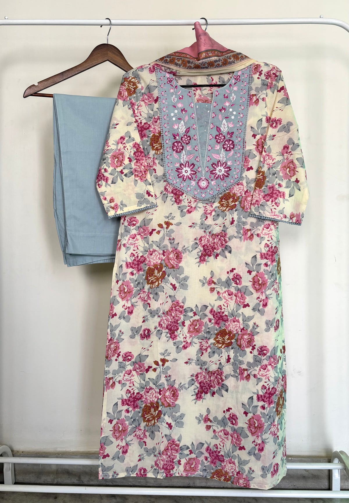 Cream & Powder Blue Pure Cotton Floral Print Suit Set