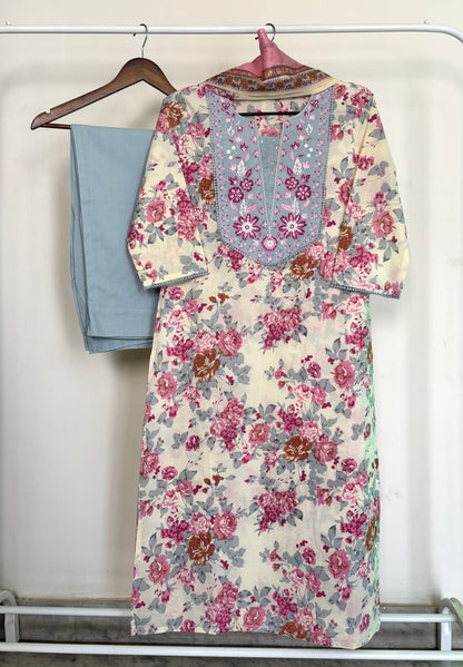 Cream & Powder Blue Pure Cotton Floral Print Suit Set