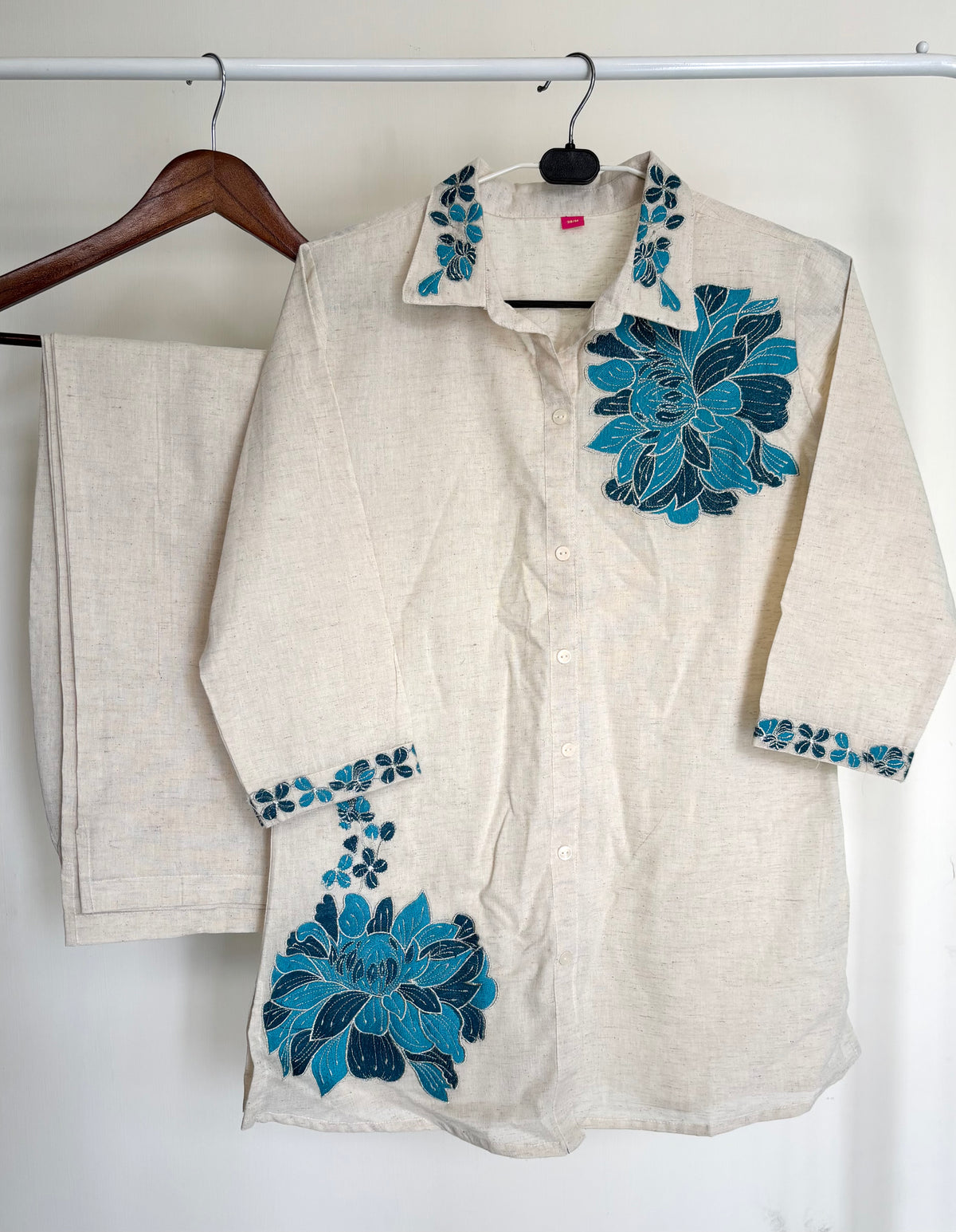 Blue Khadi Cotton Embroidered Co-ord Set
