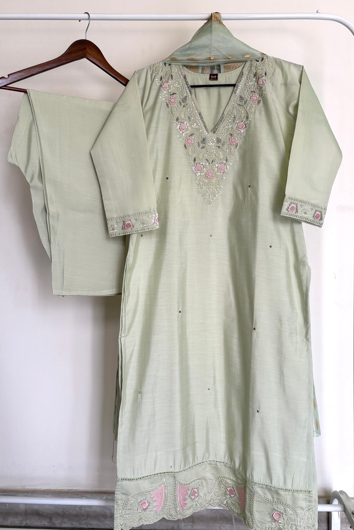 Light Pista Green Embroidered Soft Silk Suit Set with Floral Organza Dupatta