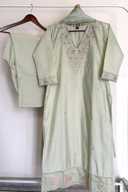 Light Pista Green Embroidered Soft Silk Suit Set with Floral Organza Dupatta