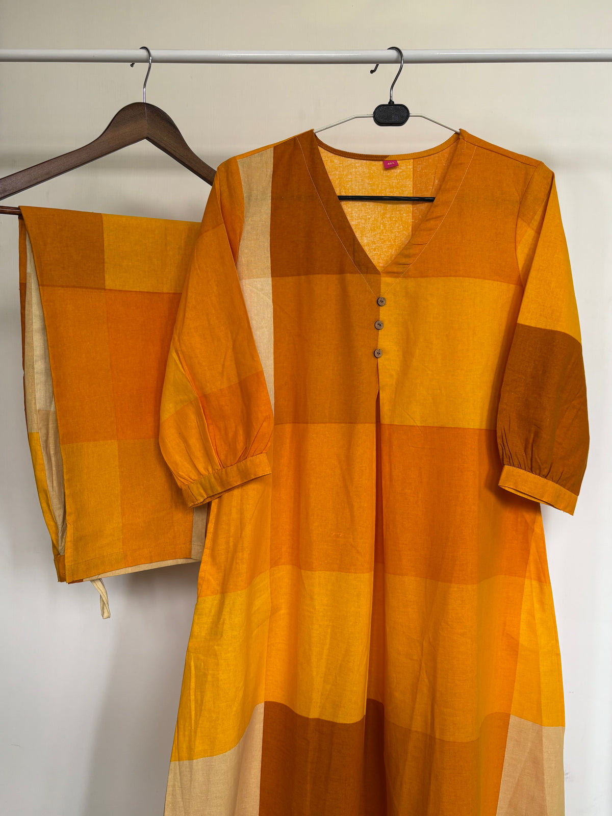 Yellow Abstract Checked Pure Cotton Kurta Set