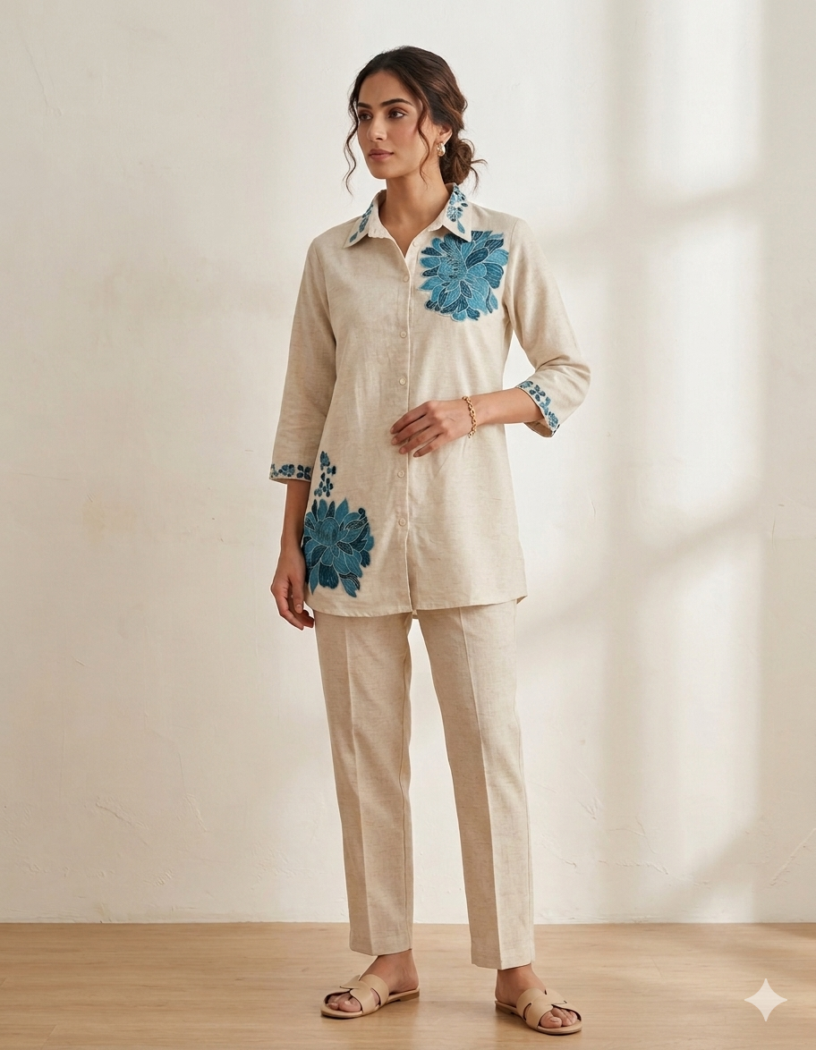 Blue Khadi Cotton Embroidered Co-ord Set
