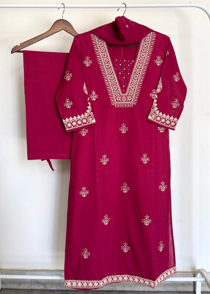 Magenta Pink Pure Cotton Dori Embroidered Suit Set