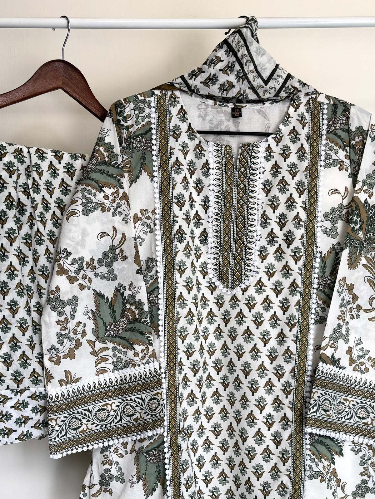 White & Olive Green Printed Cotton Farshi Suit Set