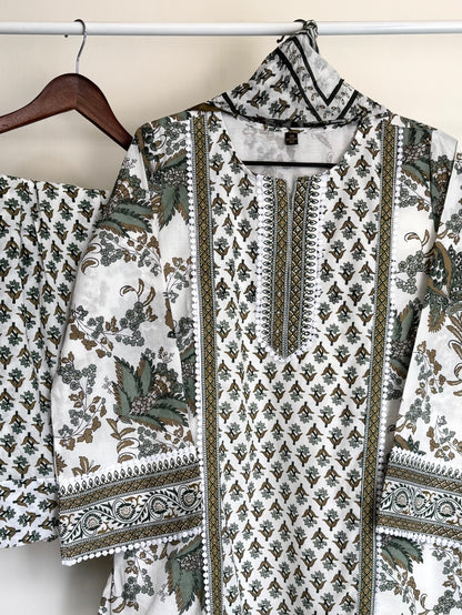 White & Olive Green Printed Cotton Farshi Suit Set
