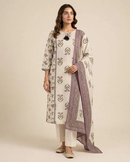 Off-White & Lavender Floral Printed Cotton Suit Set