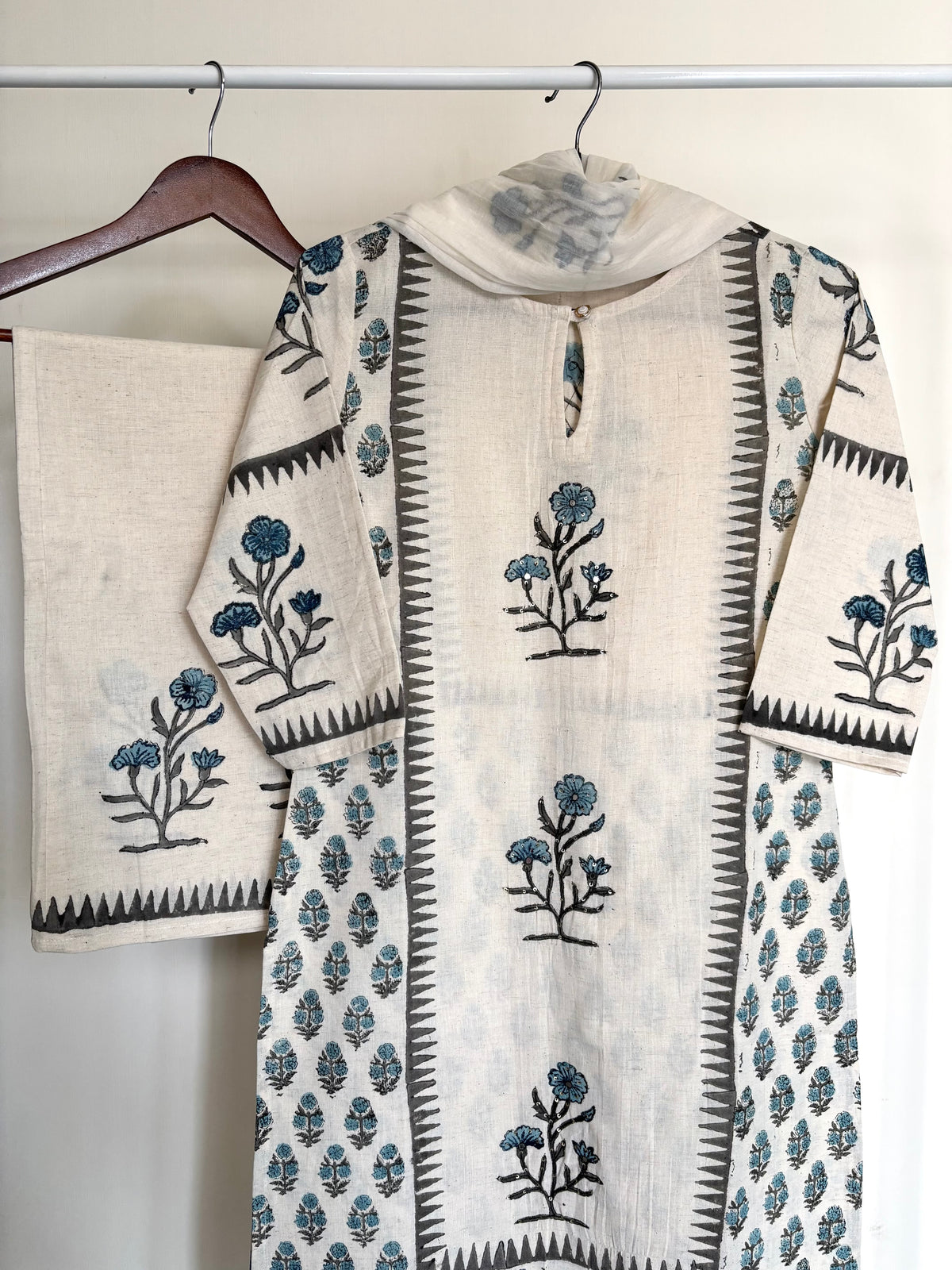 Off-White & Grey Block Printed Khadi Cotton Suit Set