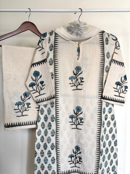 Off-White & Grey Block Printed Khadi Cotton Suit Set