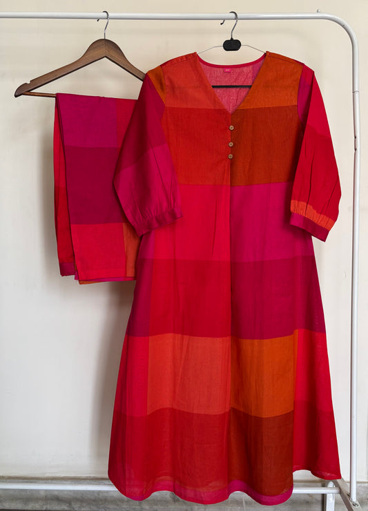 Hot Pink Abstract Checked Pure Cotton Kurta Set