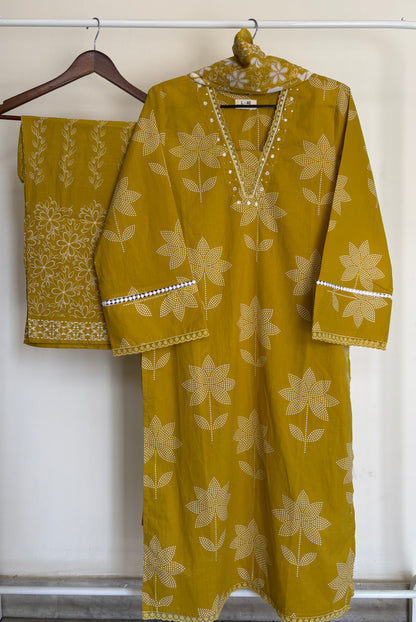 Mustard Yellow Floral Printed Cotton Suit Set