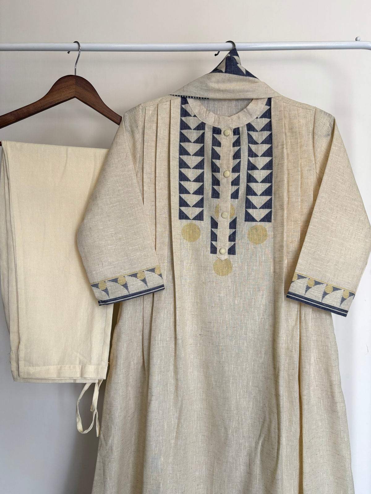 Lemon & Indigo Linen Cotton Geometric Printed Suit Set