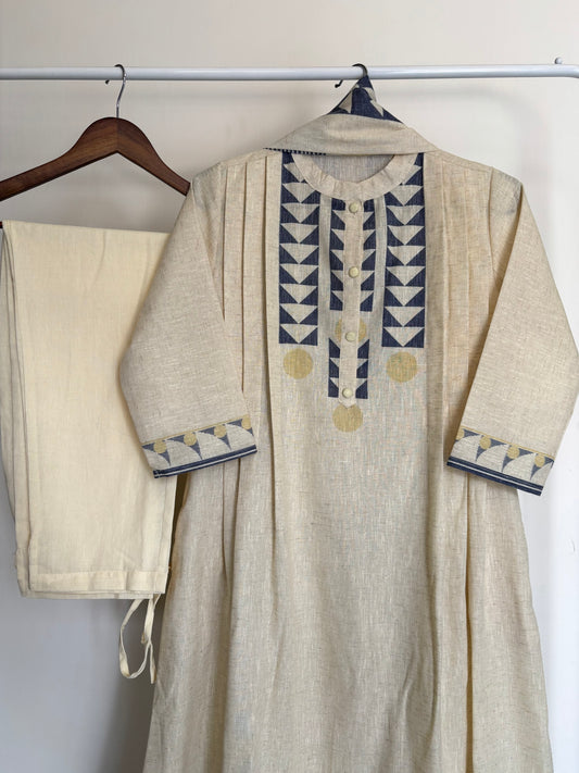 Lemon & Indigo Linen Cotton Geometric Printed Suit Set