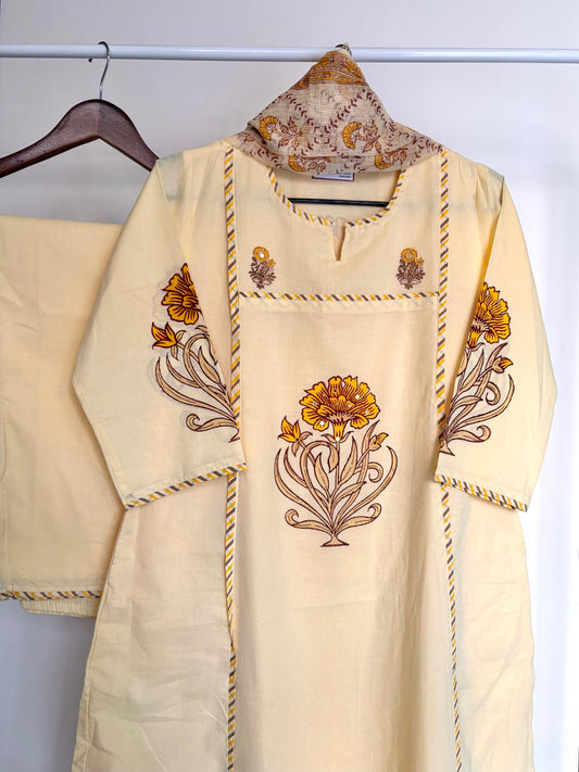 Butter Yellow Floral Block Printed Cotton Suit Set