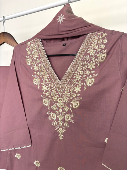 Mauve Pure Cotton Embroidered Suit Set