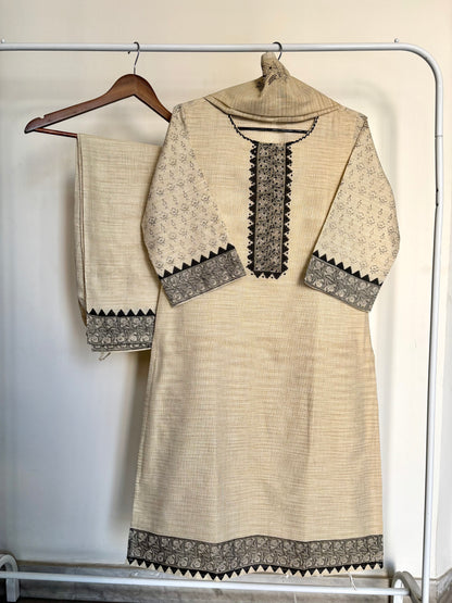 Beige Handloom Silk Printed Suit Set