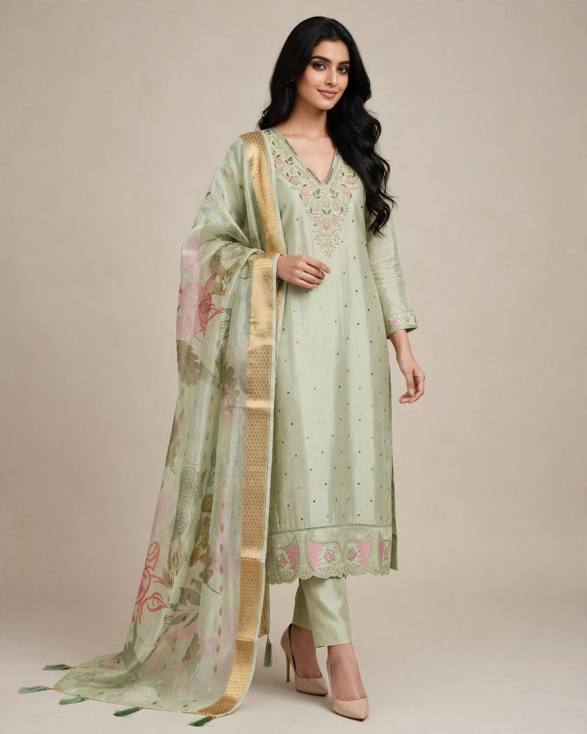 Light Pista Green Embroidered Soft Silk Suit Set with Floral Organza Dupatta