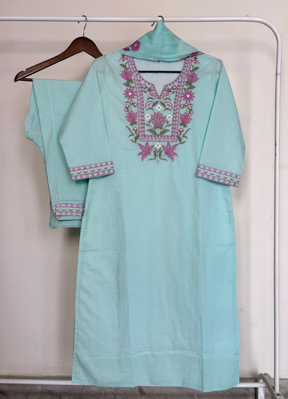 Aqua Blue Pure Cotton Embroidered Suit Set