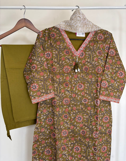 Olive Green Floral Kota Doriya Suit Set