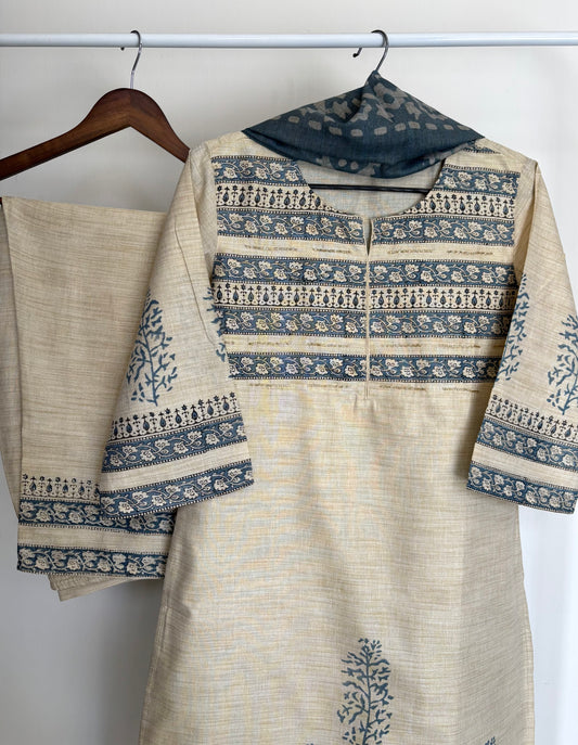 Beige & Teal Handloom Silk Batik Print Suit Set