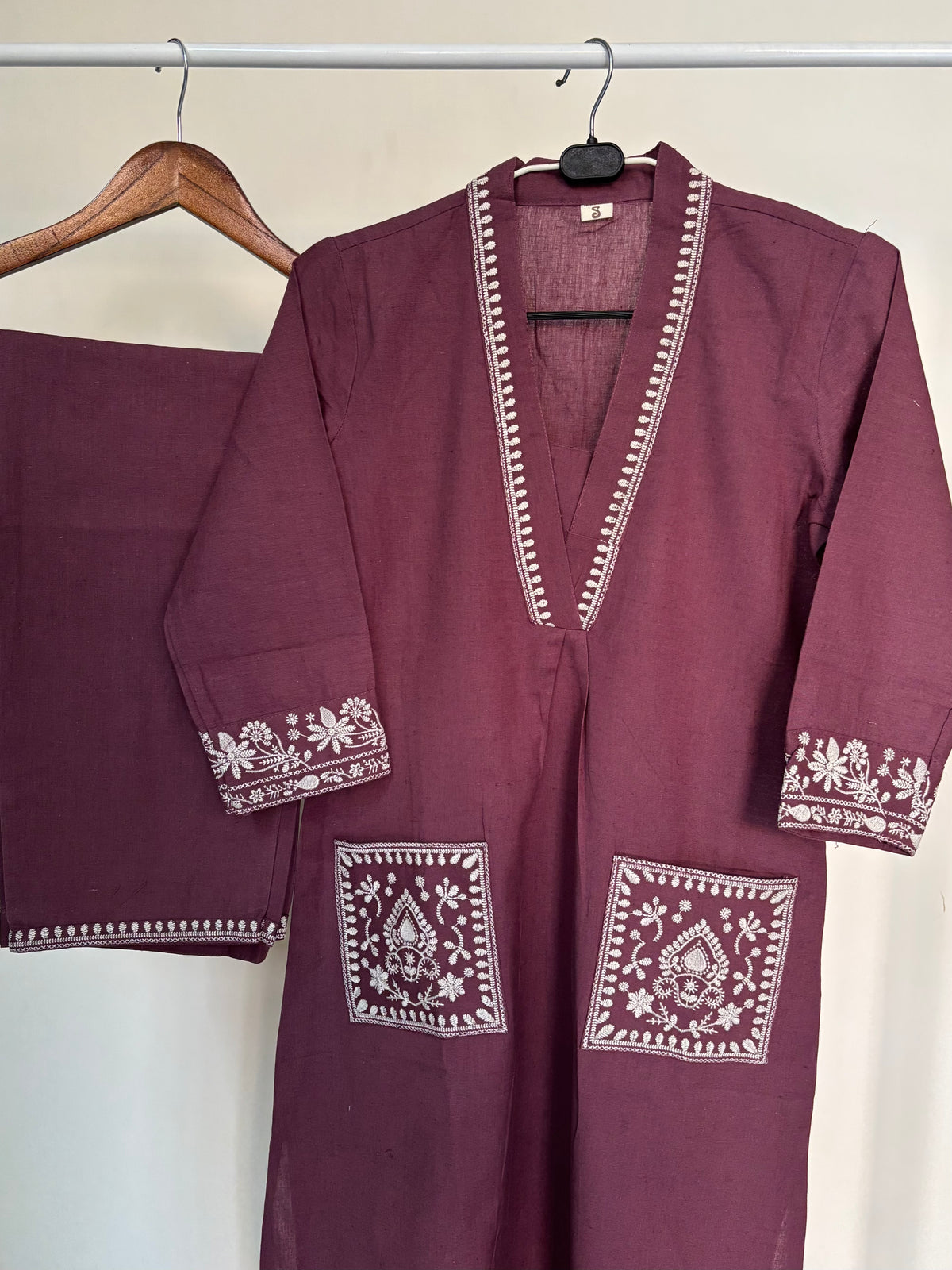 Mauve Khadi Cotton Embroidered Kurta Set