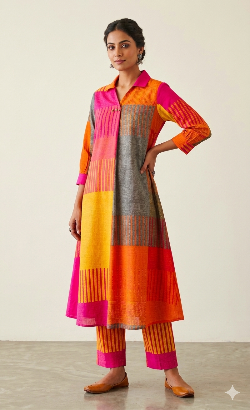 Multicoloured Abstract Shirt-Style Cotton Kurta Set