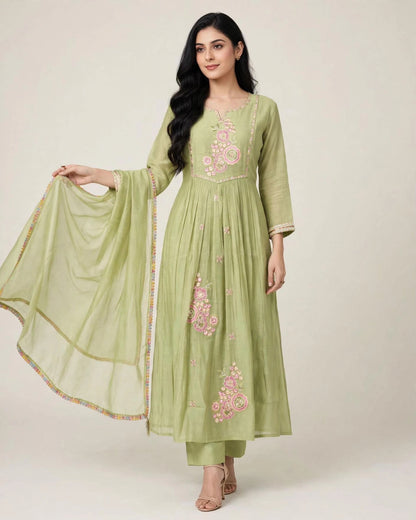 Pistachio Green Mul Chanderi Embroidered A-Line Suit Set