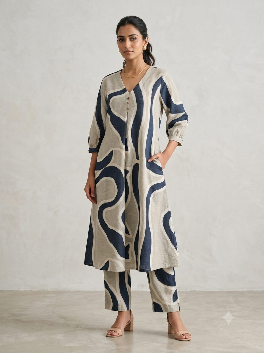 Grey & Teal Abstract Khadi Cotton 2pc Kurta Set