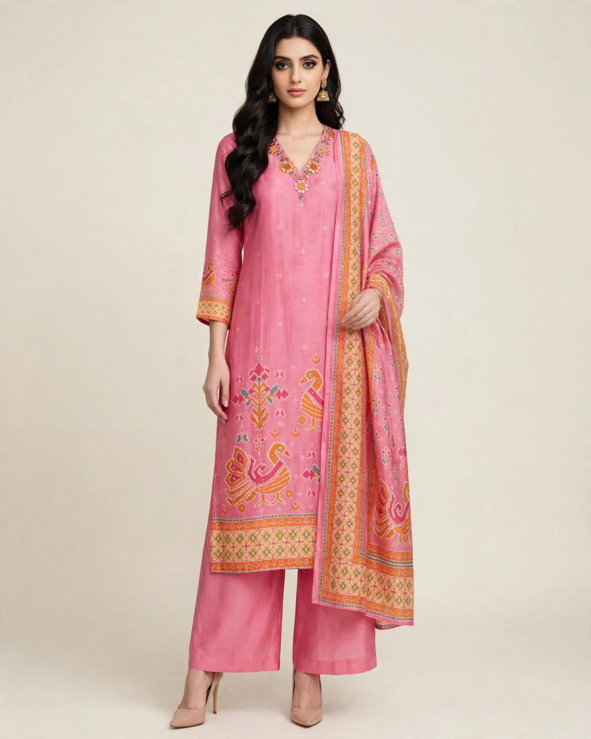 Pink Printed Mul Chanderi Mirror Work Suit Set with Palazzo