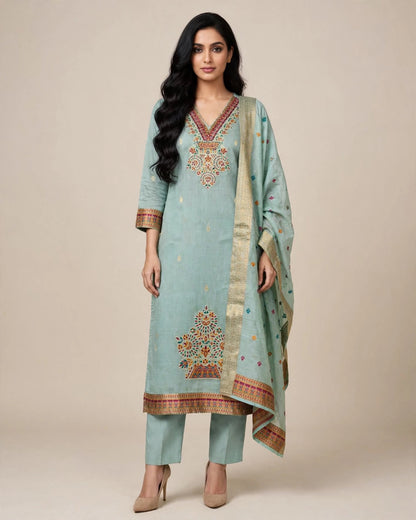 Powder Blue Jamdani Silk Woven Suit Set