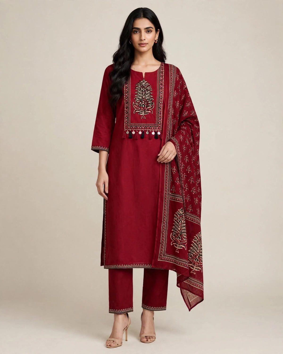 Maroon Pure Cotton Ajrakh Applique Suit Set